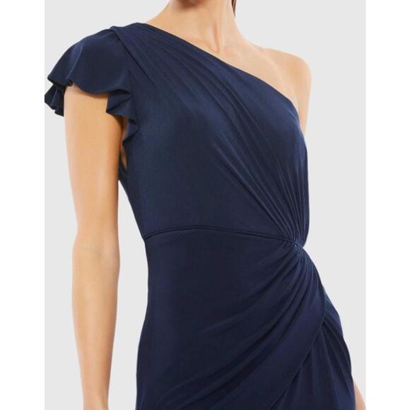 $348 Ieena Mac Duggal NWT Ruffled One Shoulder Draped Gown in Midnight Size 2 - Picture 4 of 9